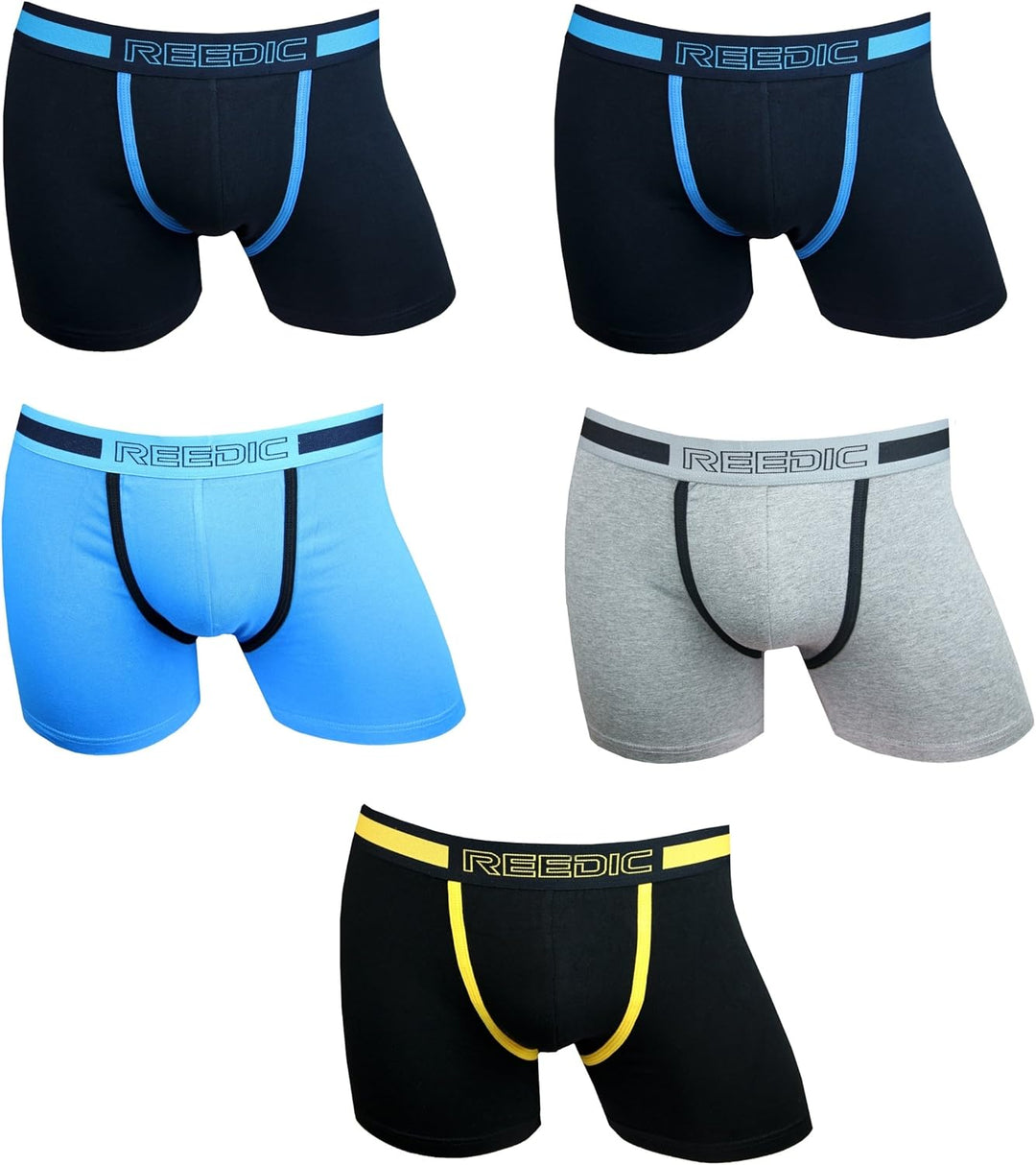 Reedic Herren Boxershorts Baumwolle 5er Pack, Je 2x Dunkelblau, Je 1x Blau, Schwarz-gelb, Grau