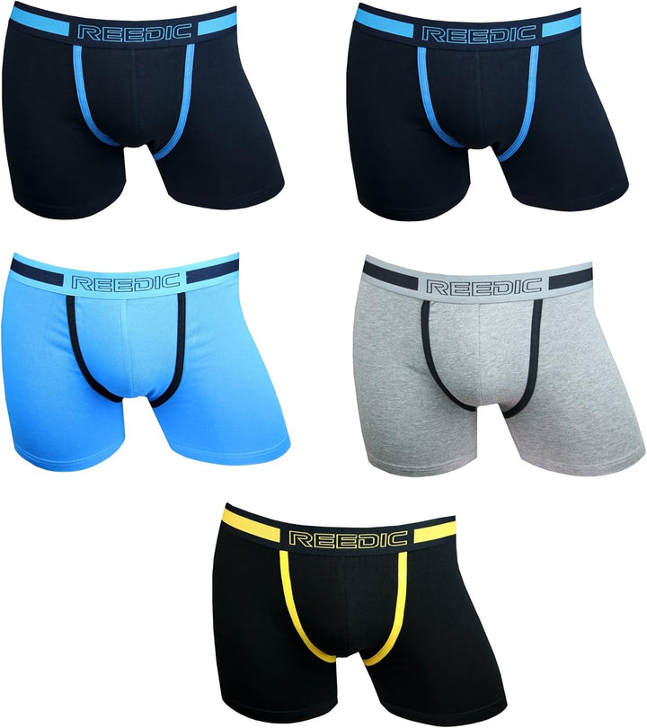 Reedic Herren Boxershorts Baumwolle 5er Pack, Je 2x Dunkelblau, Je 1x Blau, Schwarz-gelb, Grau