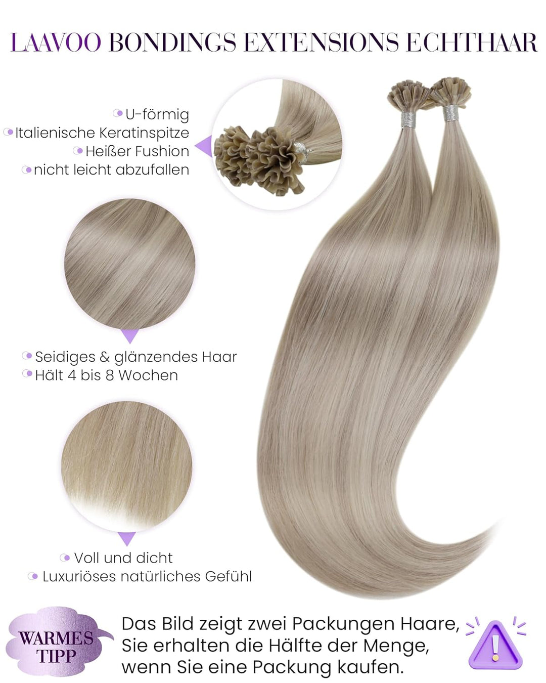 LaaVoo Bonding Extensions Echthaar U Tips Extensions Echthaar Bondings Blond Hot Fusion Keratin Haar