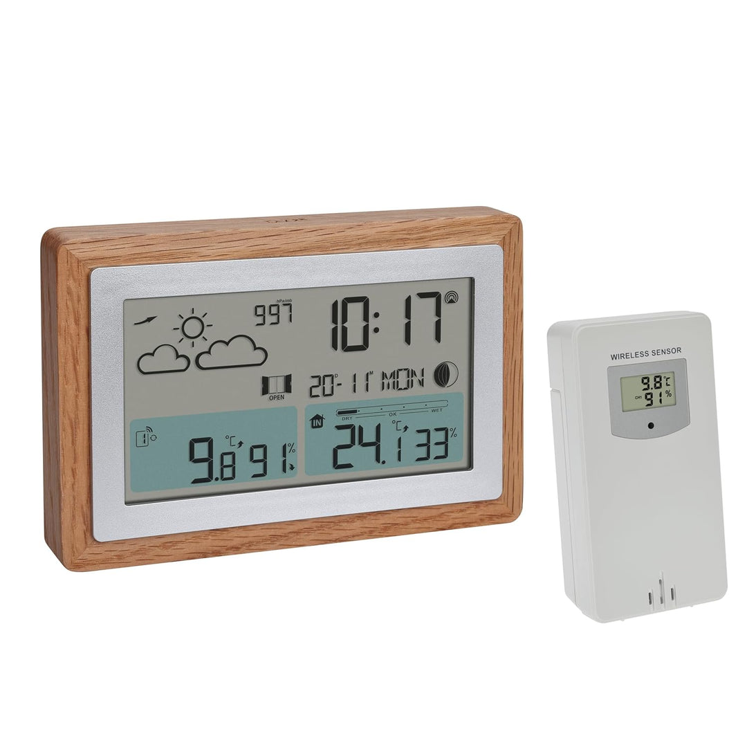 TFA Dostmann Funk-Wetterstation mit Aussensensor OAK, 35.1167.54, Wettervorhersage, mit Holz-Rahmen,