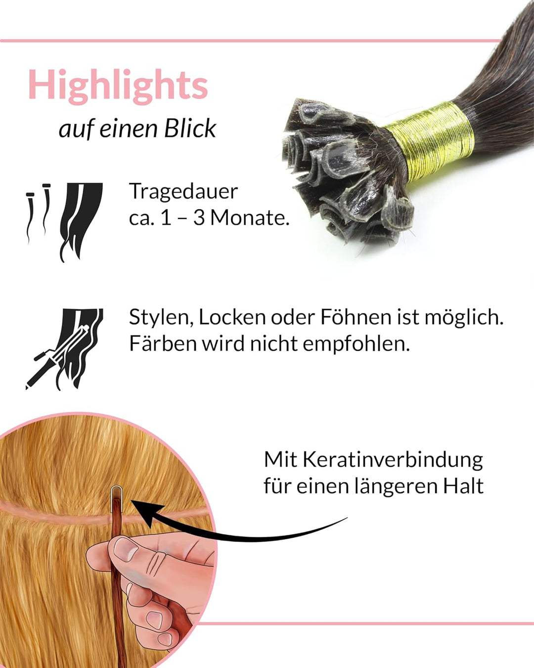hair2heart Extensions Echthaar Bondings Glatt - 200 Strähnen 0.5g 50cm Naturschwarz 