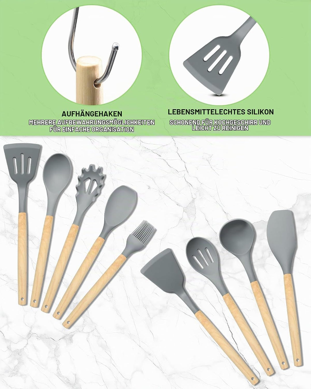 Küchenmesser Set 19-teilig – Küchenutensilien Set mit 5 Messer und 12 Silikon Küchenutensilien, Schn