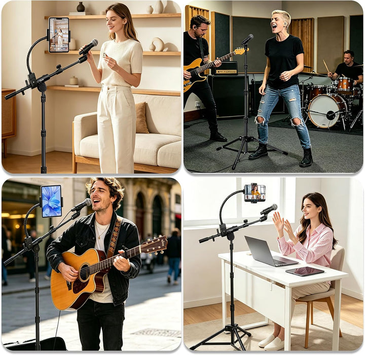 GUITTO Mikrofonständer mit Doppel-Halter für Smartphone/Tablet Verstellbarer Boomarm, schwerer Boden