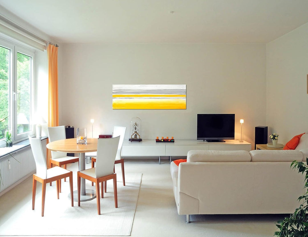 Paul Sinus Art Panoramabild auf Leinwand und Keilrahmen 120x40cm Kunstmalerei grau gelb weiss abstra