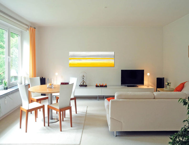 Paul Sinus Art Panoramabild auf Leinwand und Keilrahmen 120x40cm Kunstmalerei grau gelb weiss abstra