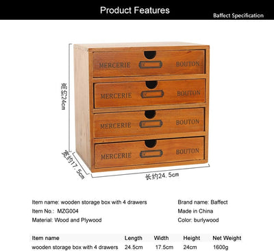Baffect Desktop Schubladenbox Holz 4 Stöckig Aufbewahrungsbox mit Schubladen Vintage Schmuckkästchen