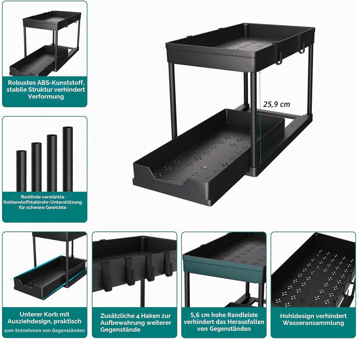 DEKAVA Küchen Organizer, 2 Unter Waschbecken Regal, Schrank Küchenorganizer mit 4 Haken, Schrankkorb