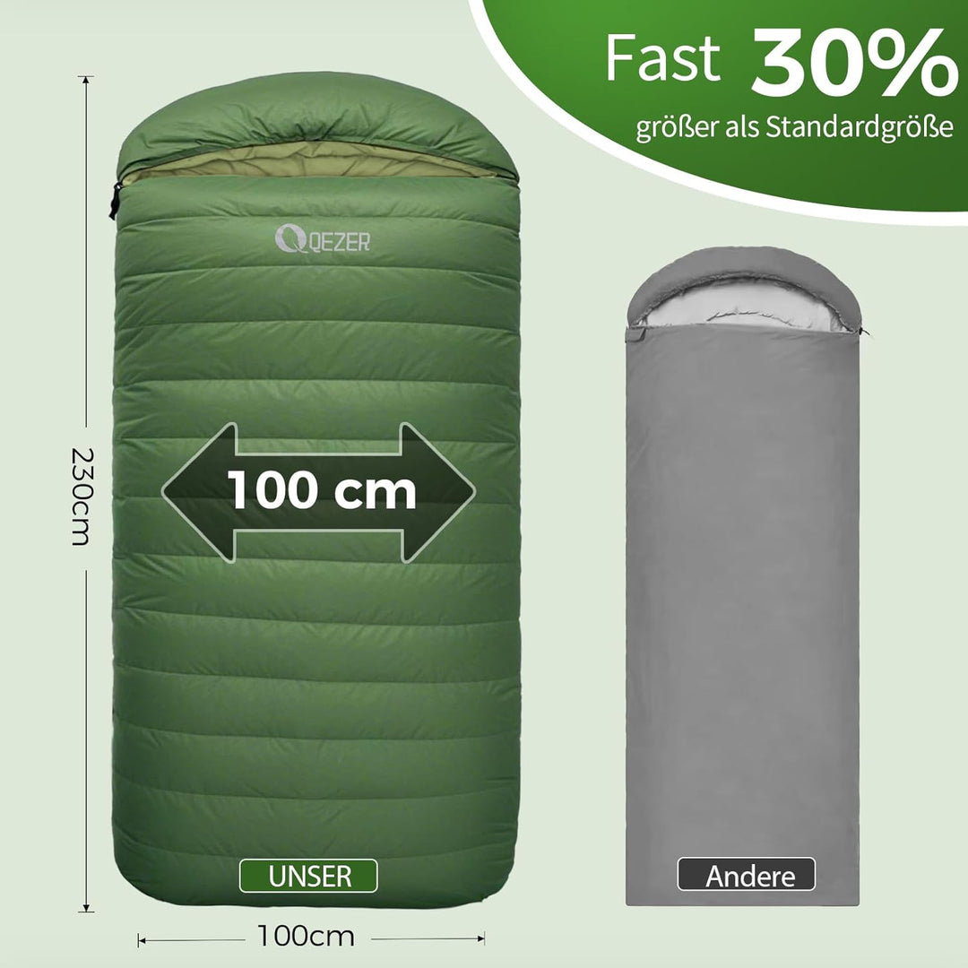 XXL Daunenschlafsack 3-4 Jahreszeiten extra grosser Schlafsack 230cm x100cm, leicht und warm Daunen