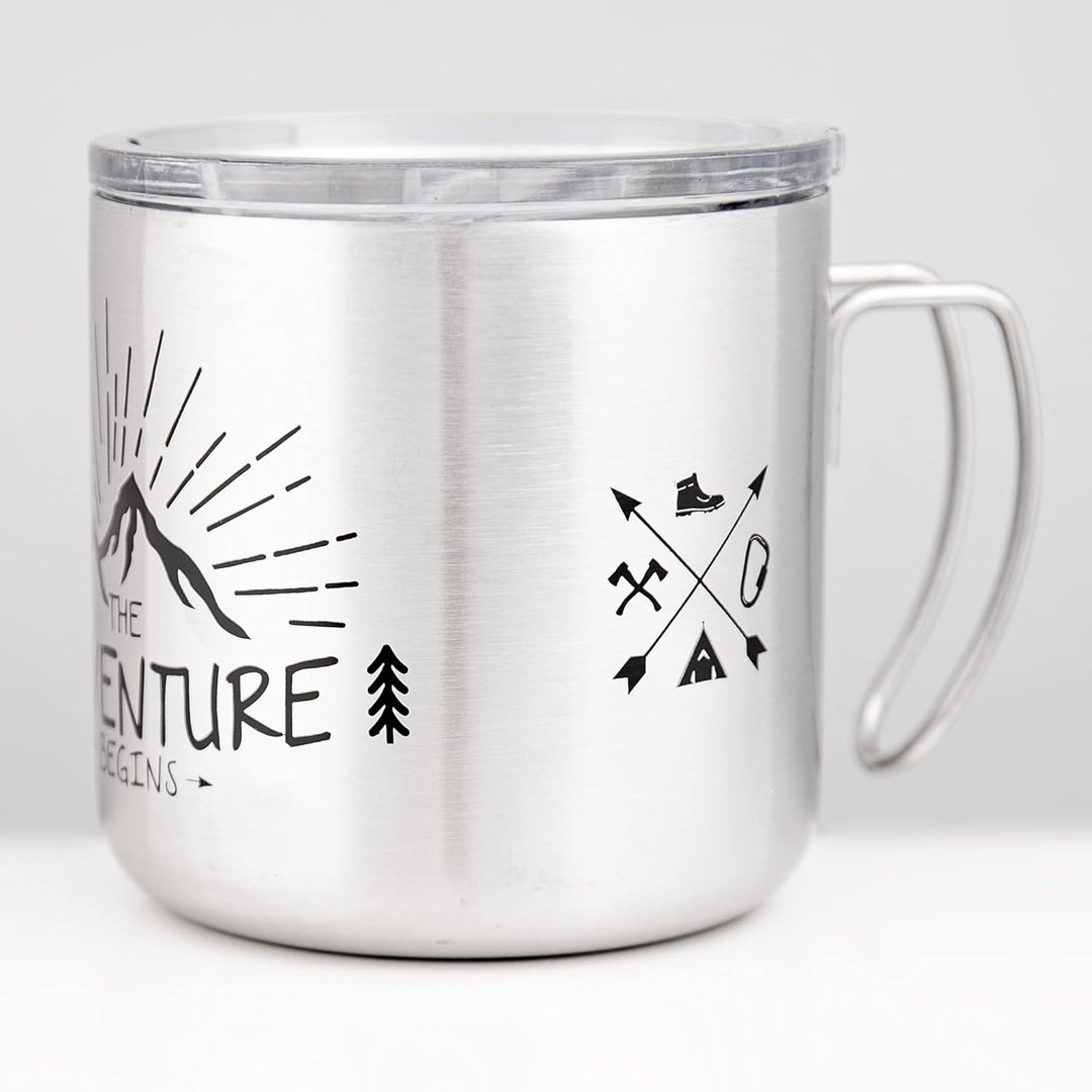 MUGSY Edelstahltasse, The Adventure Begins, To-Go Becher, abnehmbarer Deckel, bruchfest, 330ml, silb