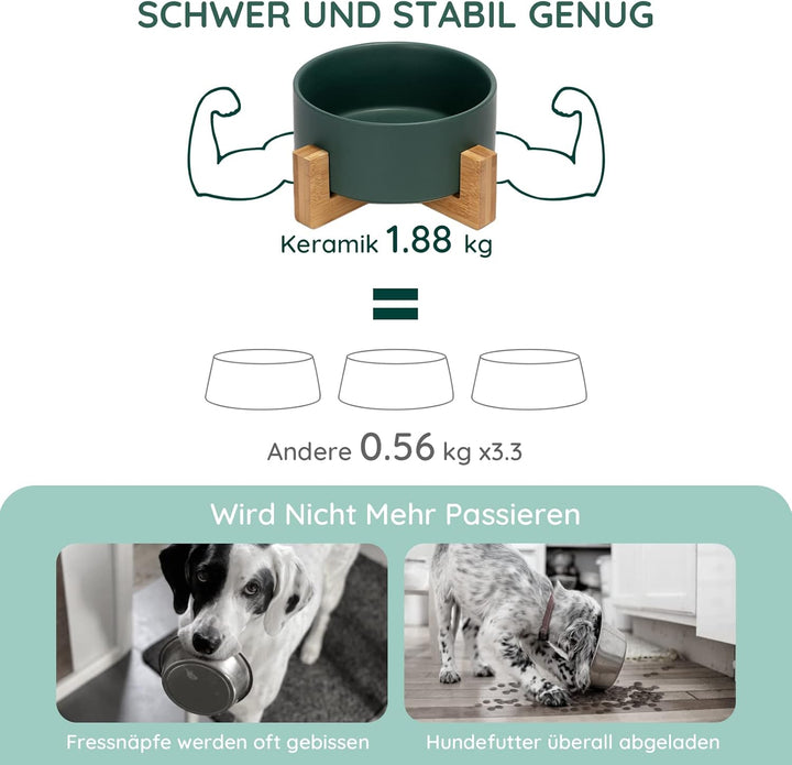 SPUNKYJUNKY Keramik Hundenapf mit Bambus Ständer für Grosse Hunde (1800ml, Grün) Grün Einzeln - 1800