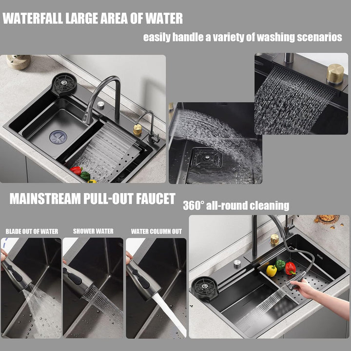 Küchenspüle Schwarz Raindance Wasserfall Edelstahl Einbauspüle Einschalen-Küchenspüle mit Wasserhahn
