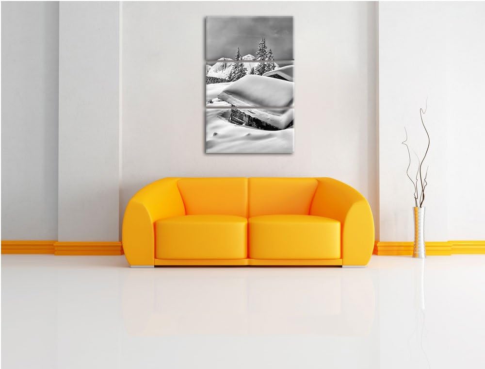 Pixxprint Monocrome, Verschneite Berghütten in den Alpen 3-Teiler Leinwandbild 120x80 Bild auf Leinw