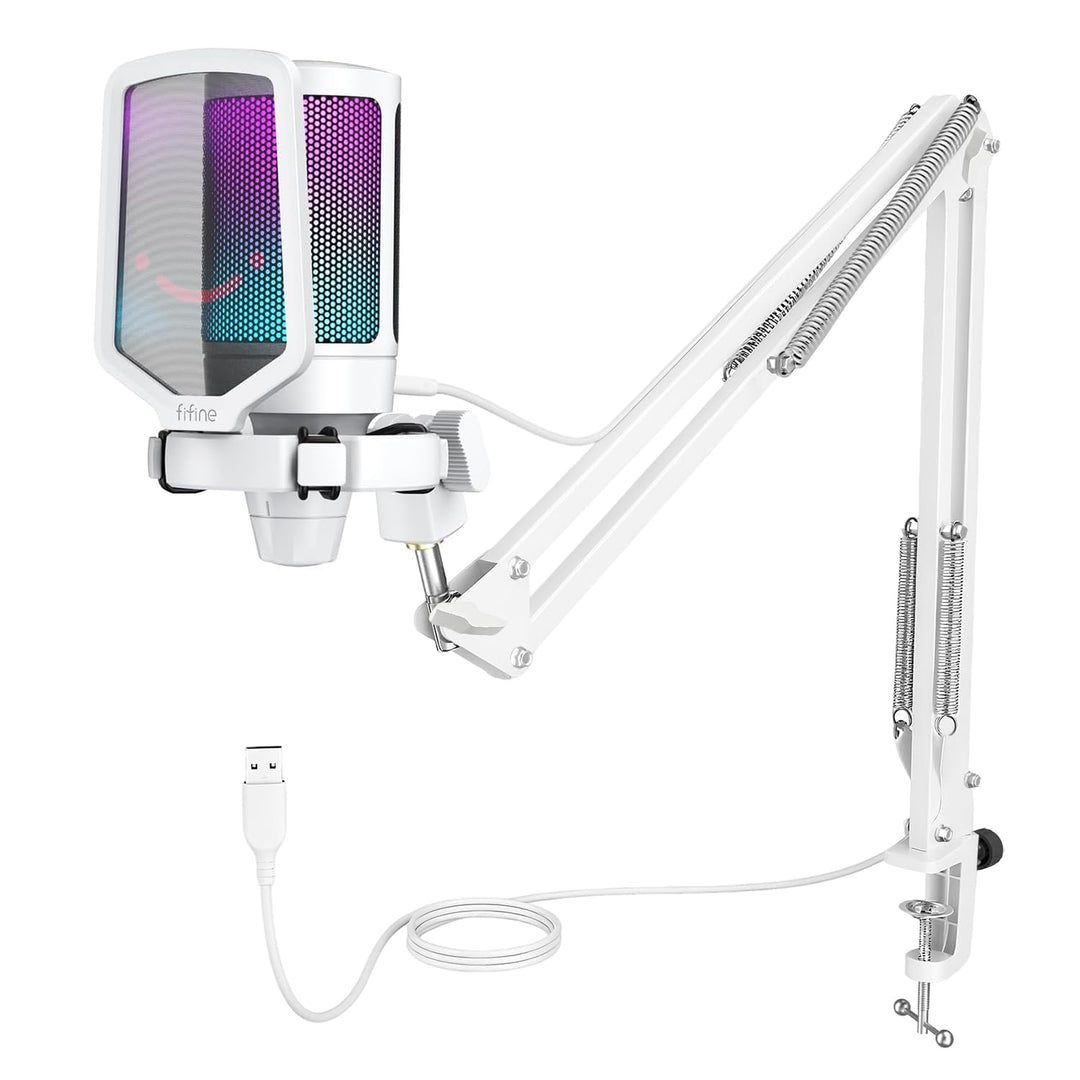 Fifine USB Mikrofon PC Gaming mit Arm, Microphone weiss für MAC PS4 PS5 mit Stummschalttaste, Popfil