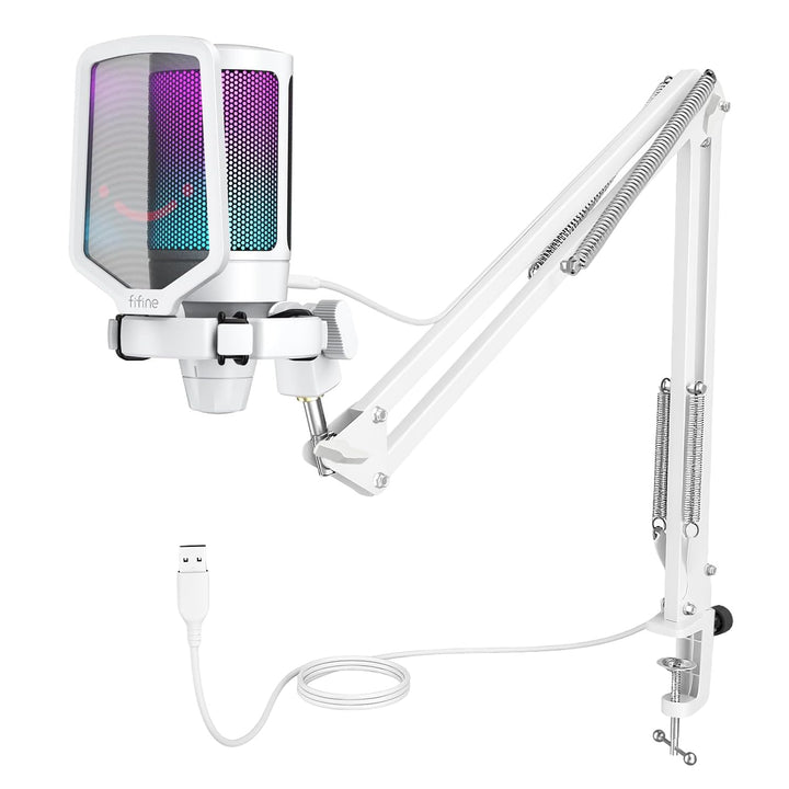 Fifine USB Mikrofon PC Gaming mit Arm, Microphone weiss für MAC PS4 PS5 mit Stummschalttaste, Popfil