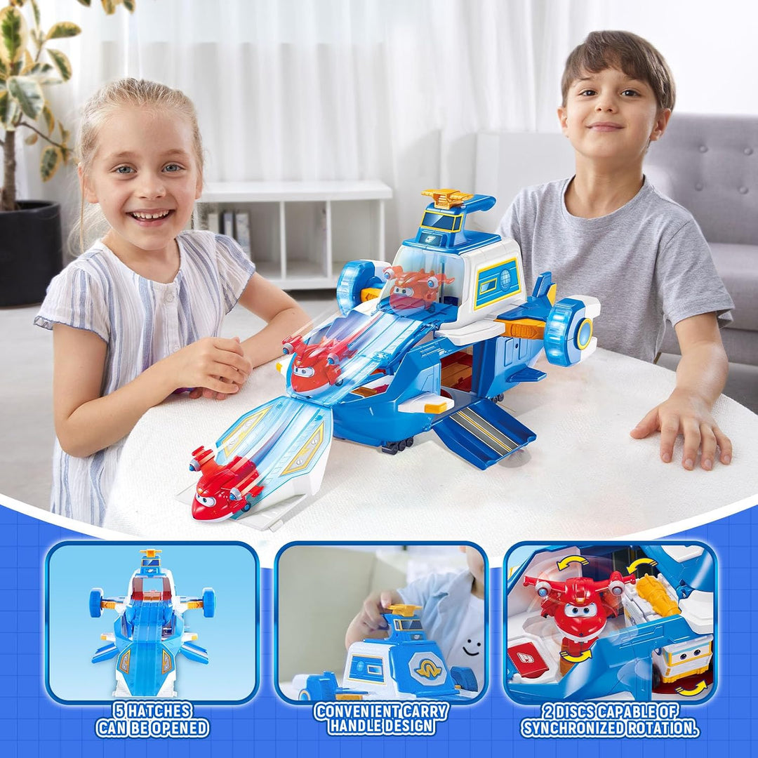 Super Wings Spielset Airport World Aircraft + 2 Spielflugzeug- und Transform-a-Bots-Figuren aus Staf