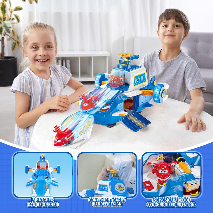 Super Wings Spielset Airport World Aircraft + 2 Spielflugzeug- und Transform-a-Bots-Figuren aus Staf