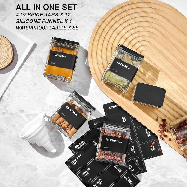 Gewürzgläser Eckig mit Holzdecke, [12x 120ml] + 88 Wasserfeste Etiketten - Gewürzdosen Set Glas - Ge