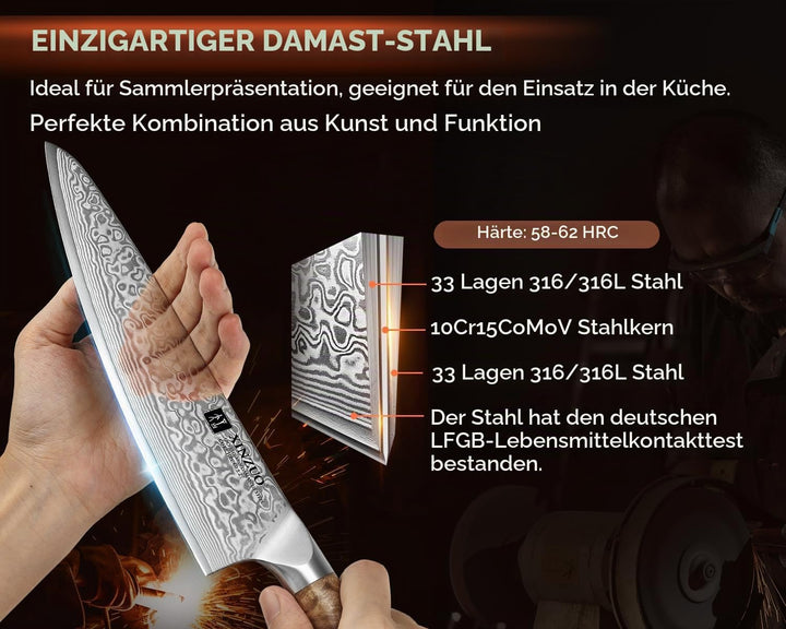 XINZUO 21cm Kochmesser 67 Schichten Damaststahl Profi Küchenmesser -Scharfe Klinge Damaszener Stahl