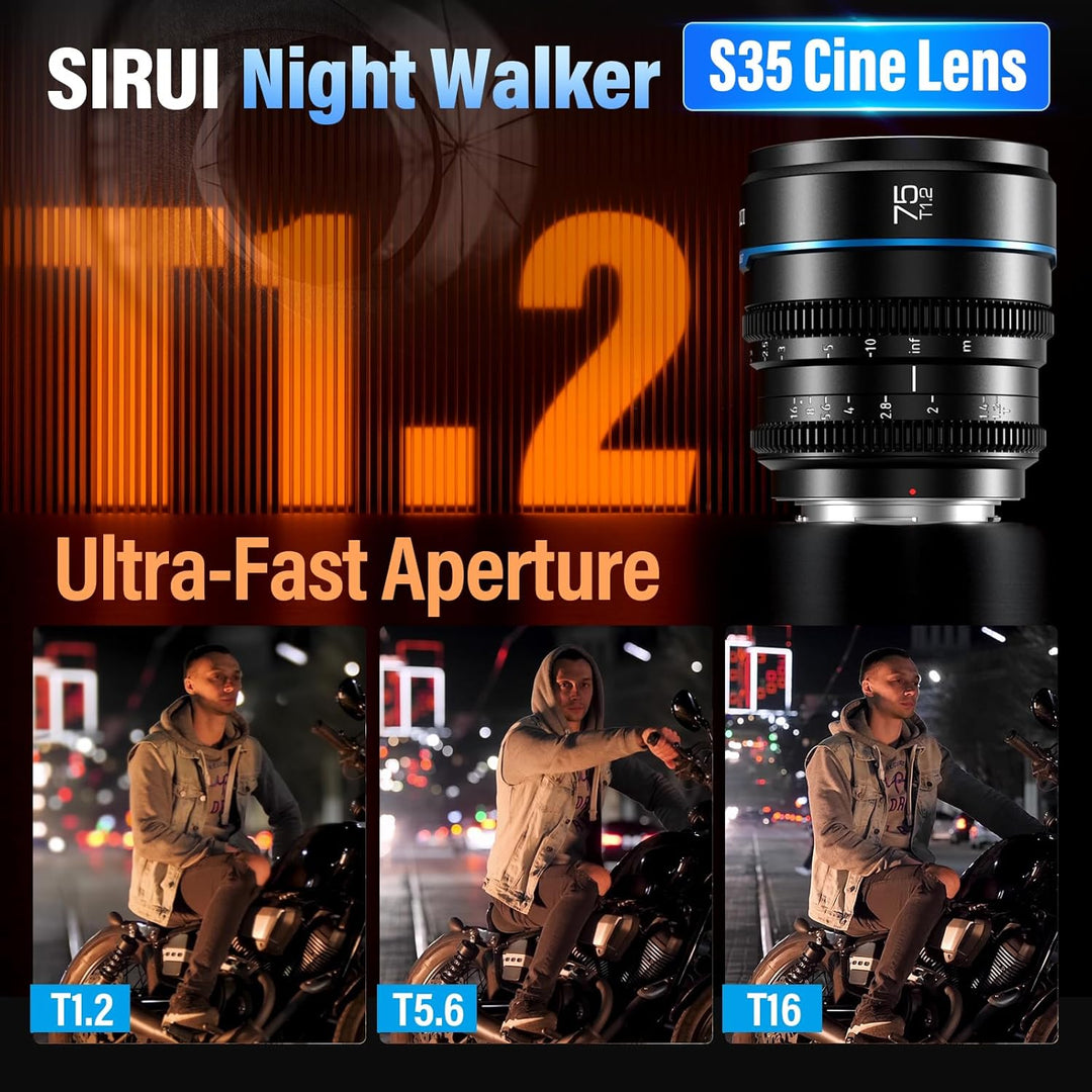 SIRUI Night Walker 75 mm T1.2 S35 Teleobjektiv Cine Objektiv, grosse Blende, manueller Fokus, MS75M-