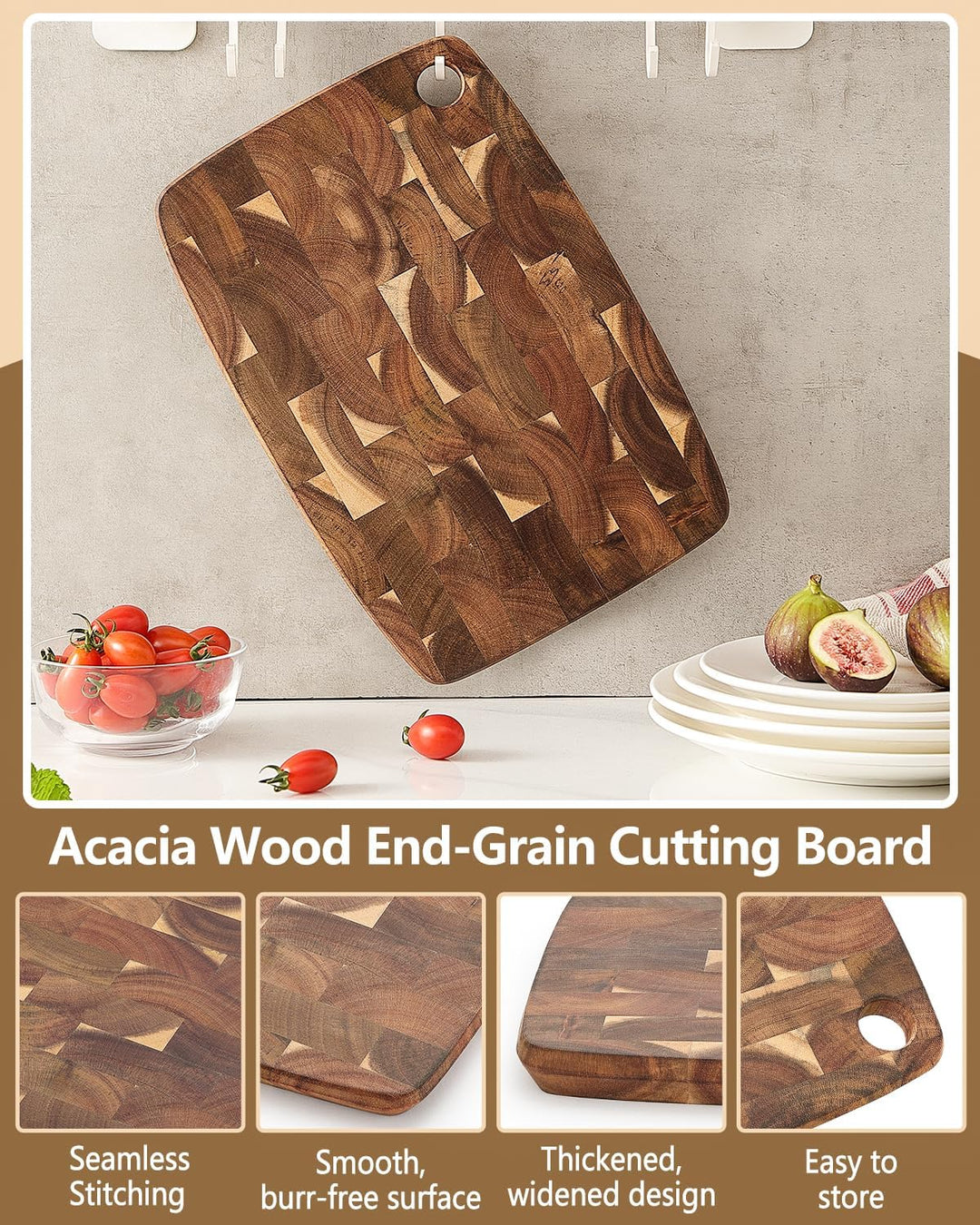 XINZUO 33 * 22 * 1,9cm Akazienholz Hirnholz-Schneidebrett Beidseitig verwendbar, Holzbrett Küche Hac