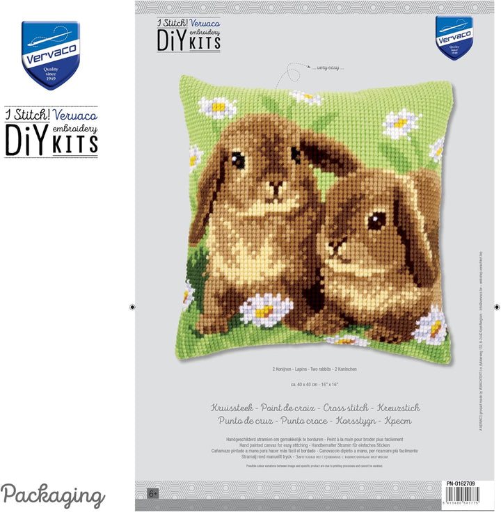 Vervaco Kreuzstichkissen 2 Kaninchen Kreuzstickpackung vorgedruckt, Stramin, weiss, 40 x 40 x 0,3 cm