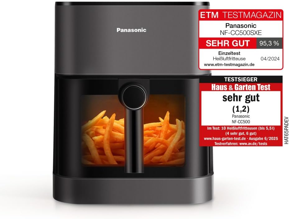 Panasonic NF-CC500SXE Air Fryer mit Sichtfenster, 5 l, 80–200 °C, digitaler Timer & LCD-Display, san