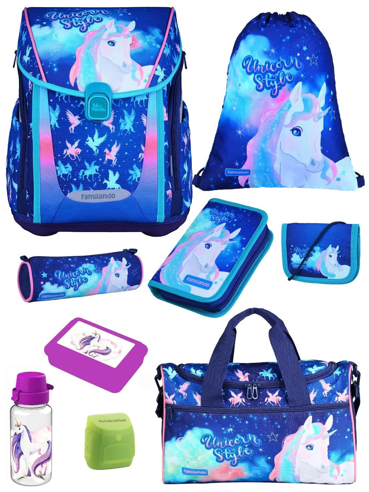 Familando - Premium Schulranzen Set - 9-teilig mit Lunch-Set - Unicorn (Einhorn) - Ergonomisch, stab