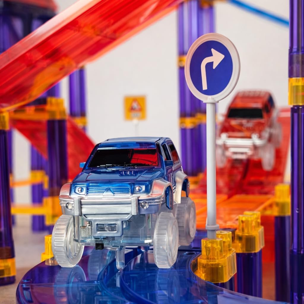 Wonder Toys 122 Stück Rennauto-Bausteine - Lernspielzeug - Magnetfliesen - Spielset 2 LKW - Lernbaus