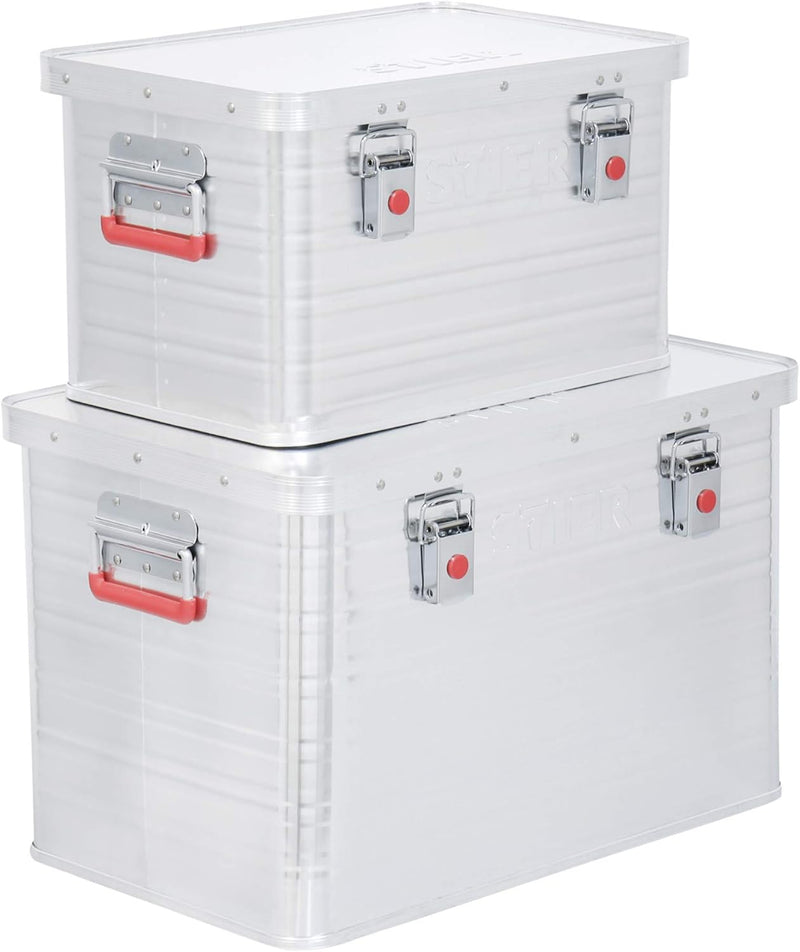 STIER Alubox Set, 30L und 65L, stapelbare Transportkisten, Staub- und spritzwasserresistent mit Gumm