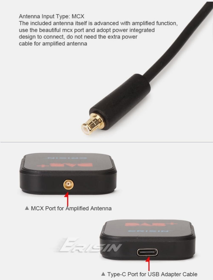 Erisin DAB+ Digital Radio Box Antenne mit Verstärkter Antenne Kit Adapter für Auto Stereo Android 9.