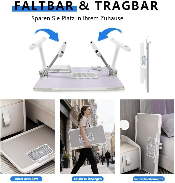 Laptoptisch fürs Bett, 5-Höhenverstellbar, Winkelverstellbar, Betttisch Klappbar mit Laptop Kühler,