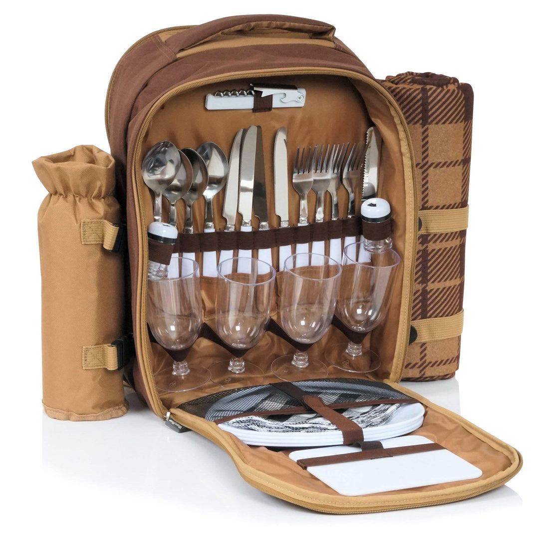 CampFeuer Picknickrucksack für 4 Personen (Braun) | Picknickset 32-teilig | inkl. Flaschenhalter und