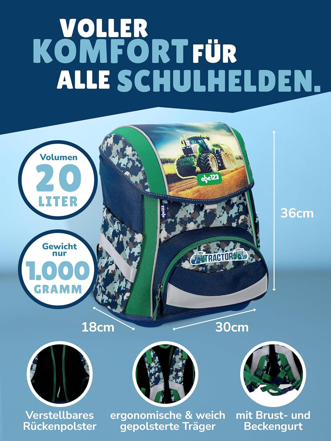 Familando - Schulranzen Set - 8-teilig mit Lunch-Set - Traktor - Ergonomisch, stabil & mit gepolster