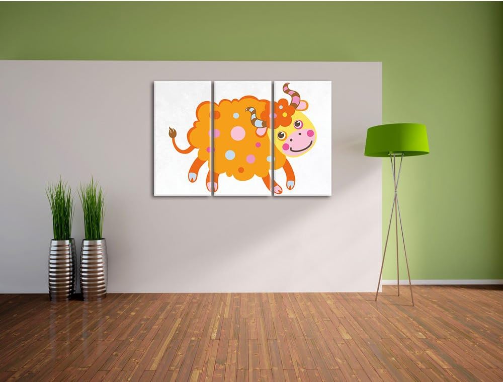 Pixxprint Niedliches Schaf mit Hörnern als Leinwandbild | Grösse: 3 Teilig (120x80) | Wandbild| Kuns