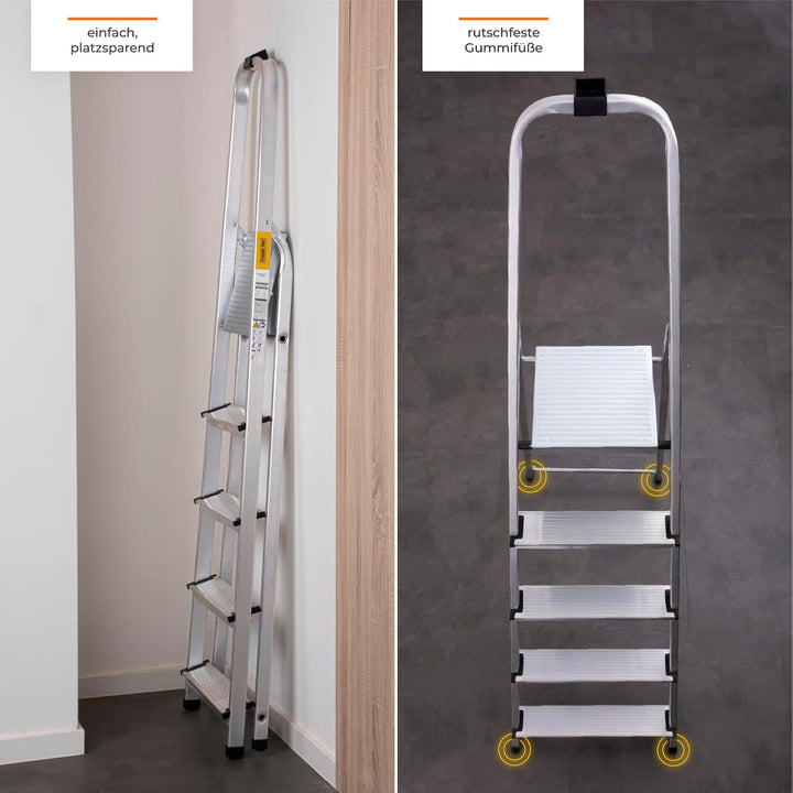 STREND PRO Trittleiter 5 Stufen Klappbar | max.125kg | Haushaltsleiter 5 Stufen | Stehleiter 5 Stufe
