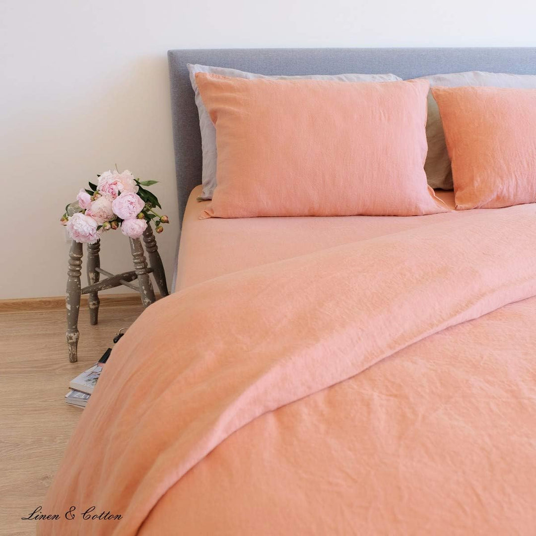 Linen &amp; Cotton Weicher Griff Bettwäsche Set Alicia - 100% Leinen Gewaschen, Coral Rosa (220 x 230 cm