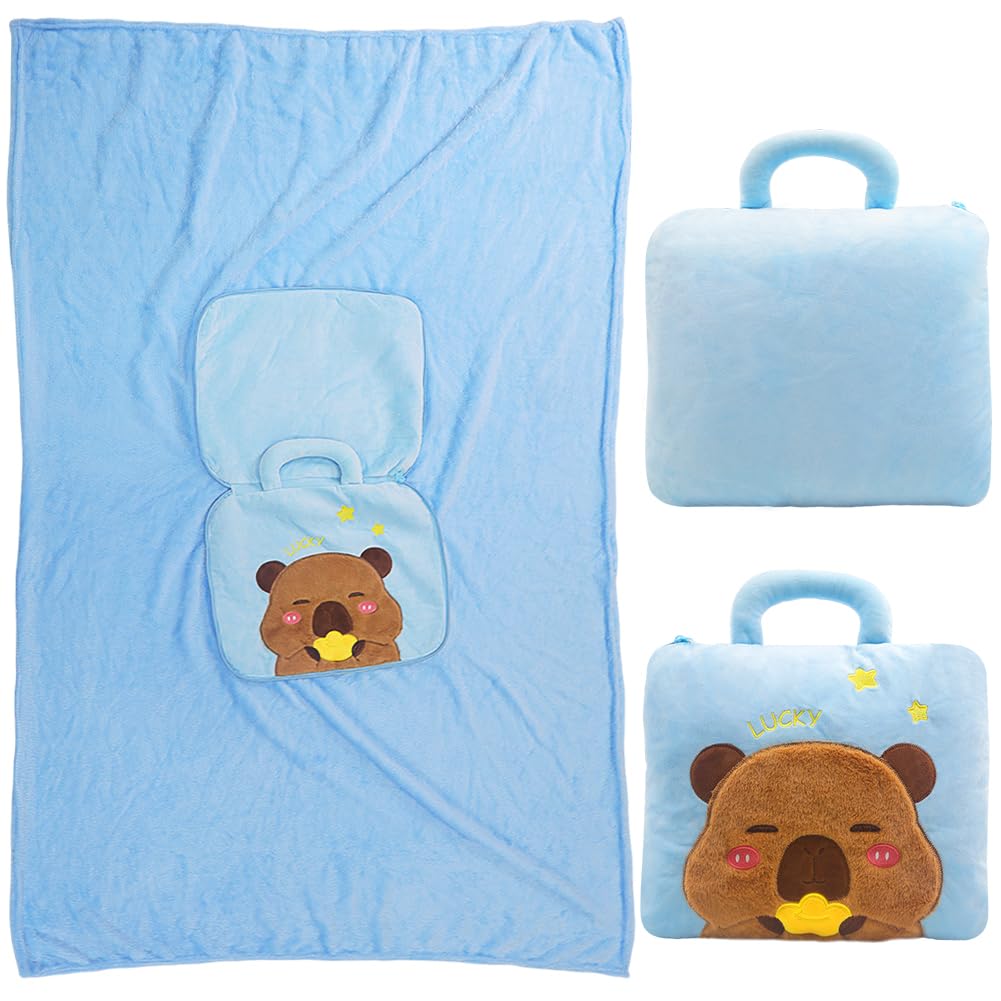 2-in-1 Capybara Decke und Kissen, 2-in-1 Kissendecke Plüsch Fleecedecke Warm Reisedecke, Tragbare Fl