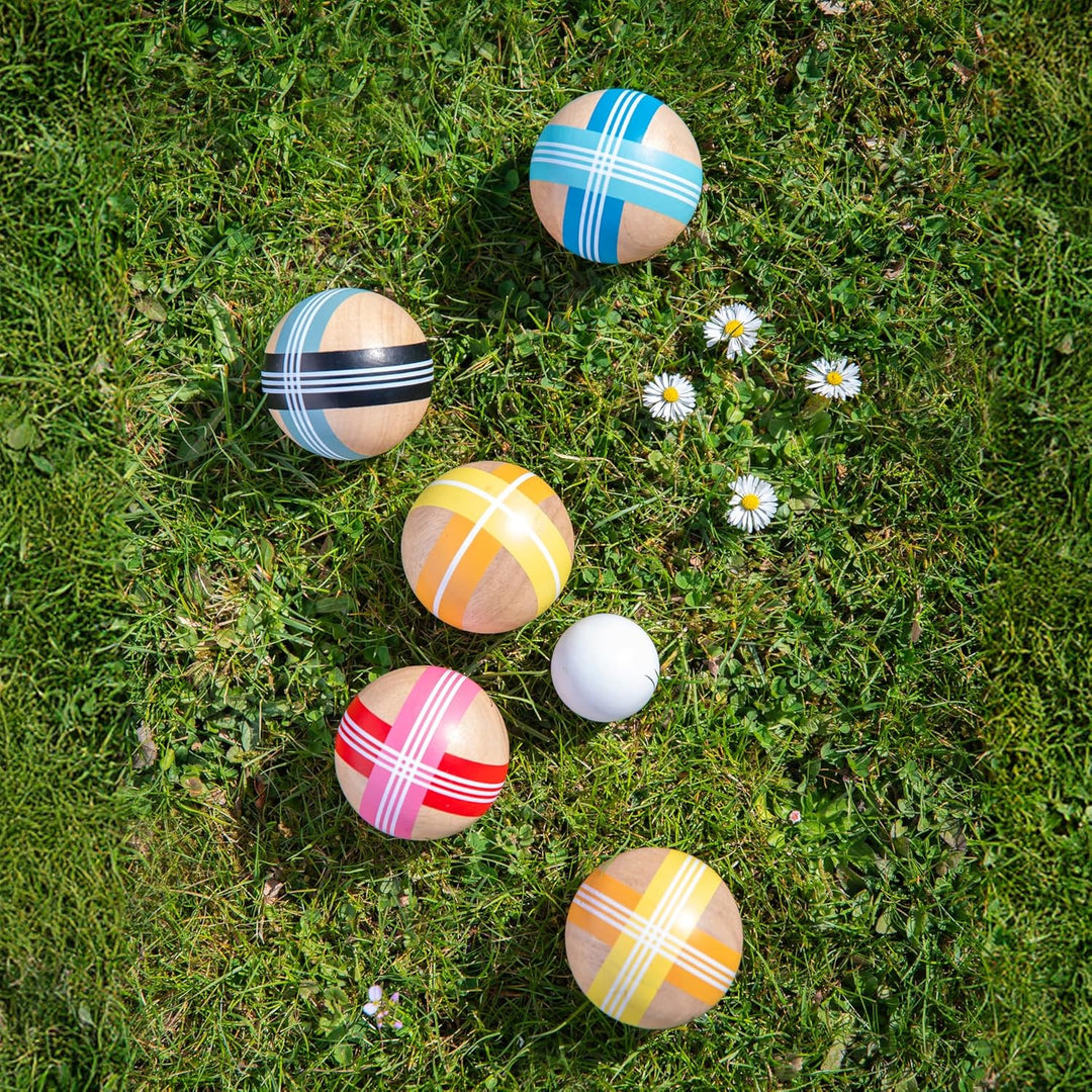 REMEMBER Boccia, Bocciakugeln: Ø 7.5 cm, Zielkugel: Ø 4.5 cm, Holz – Spiel Set für Garten, Strand &