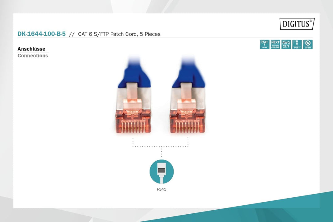 DIGITUS LAN Kabel Cat 6 - 10m - 5 Stück - RJ45 Netzwerkkabel - S/FTP Geschirmt - Kompatibel zu Cat 6