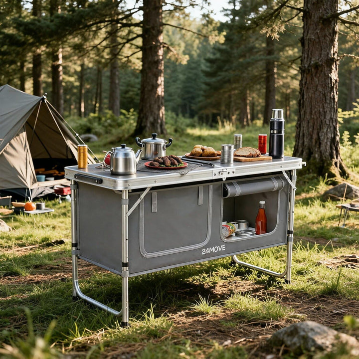 24MOVE® Campingküche faltbar, höhenverstellbarer Campingschrank Alu Reiseküche mit Arbeitsplatte und