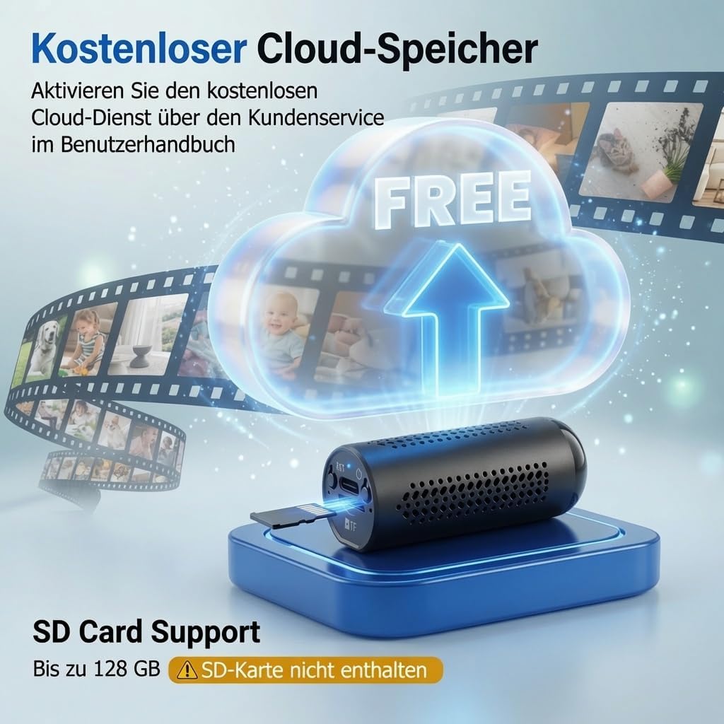 Mini Kamera 5G WLAN, Überwachungskamera mit Kostenlosem Cloud-Speicher, Offline-Aufnahme auf SD-Kart