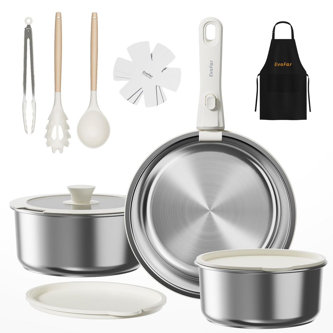 EvoFar Topfsets Edelstahl Pfannenset 14Stk Kochgeschirr Set mit Abnehmbaren Griffen, Pfanne 24cm, To