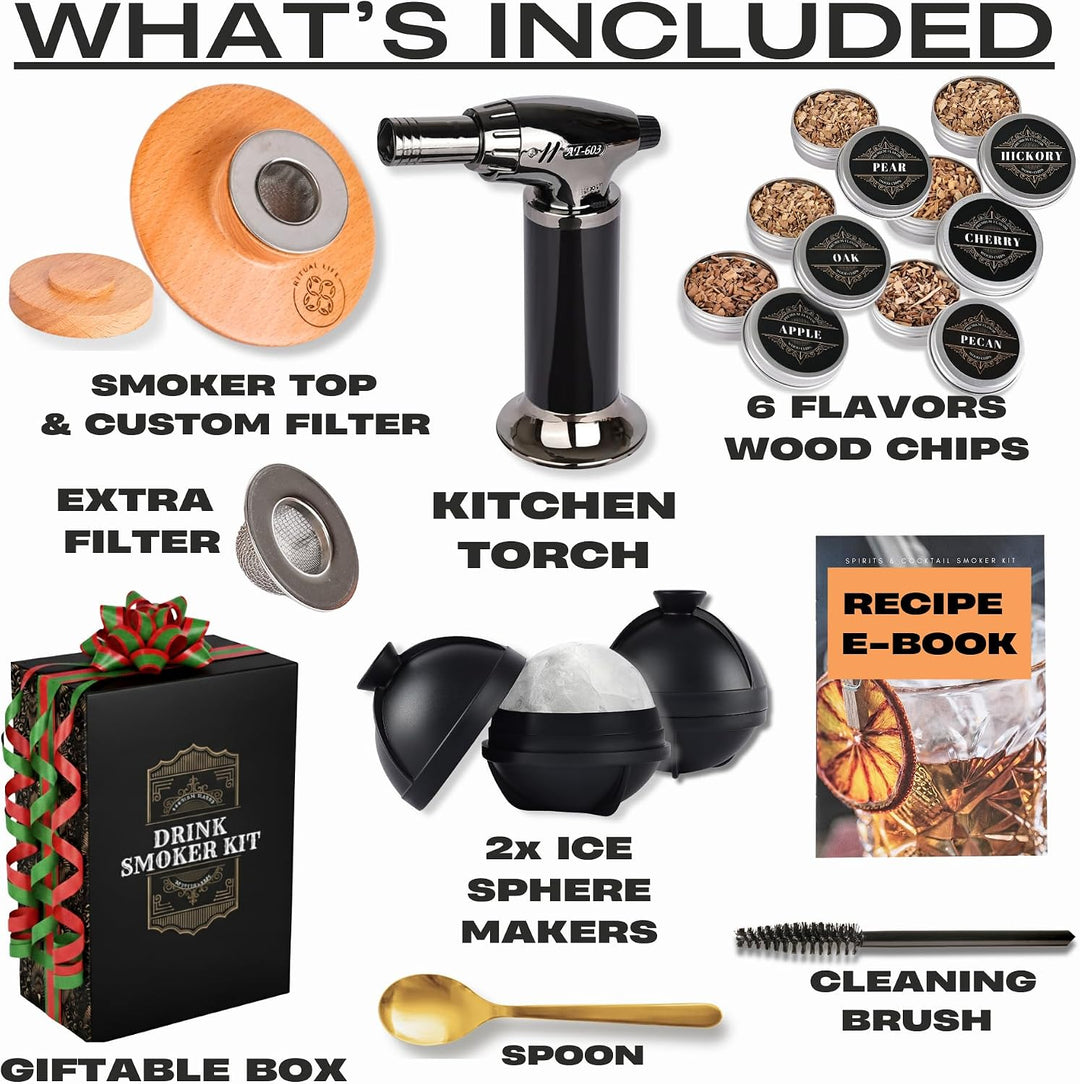 Cocktail-Räucher-Kit – Whiskey Bourbon Drink Smoker mit Taschenlampe, Custom Top, 2 Eiskugel-Maker,
