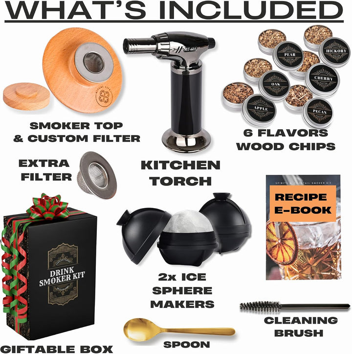 Cocktail-Räucher-Kit – Whiskey Bourbon Drink Smoker mit Taschenlampe, Custom Top, 2 Eiskugel-Maker,