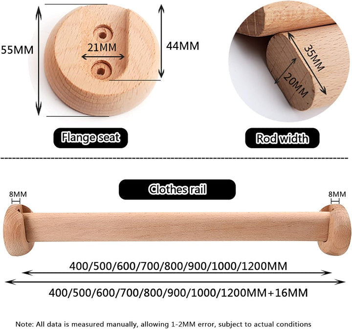 abodos Kleiderschrankstab, natürliche Buchenholz-Holzschleifungsstange mit 2 Halterung, Stütze und S