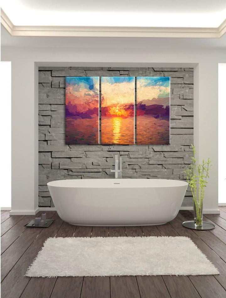 Pixxprint Sonnenaufgang am Meer Pinsel Effekt 3-Teiler Leinwandbild 120x80 Bild auf Leinwand