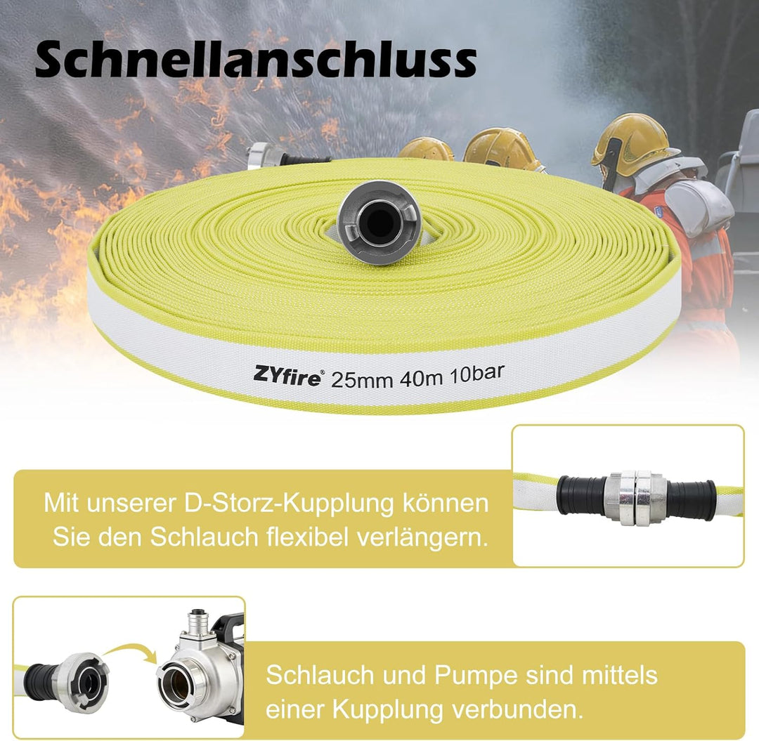 ZYfire Feuerwehrschlauch 25mm x 40m | 1 Zoll Feuerschlauch mit D-Storz Kupplung | flexibler Wassersc