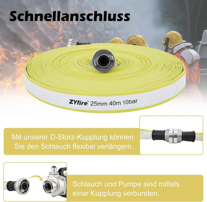 ZYfire Feuerwehrschlauch 25mm x 40m | 1 Zoll Feuerschlauch mit D-Storz Kupplung | flexibler Wassersc