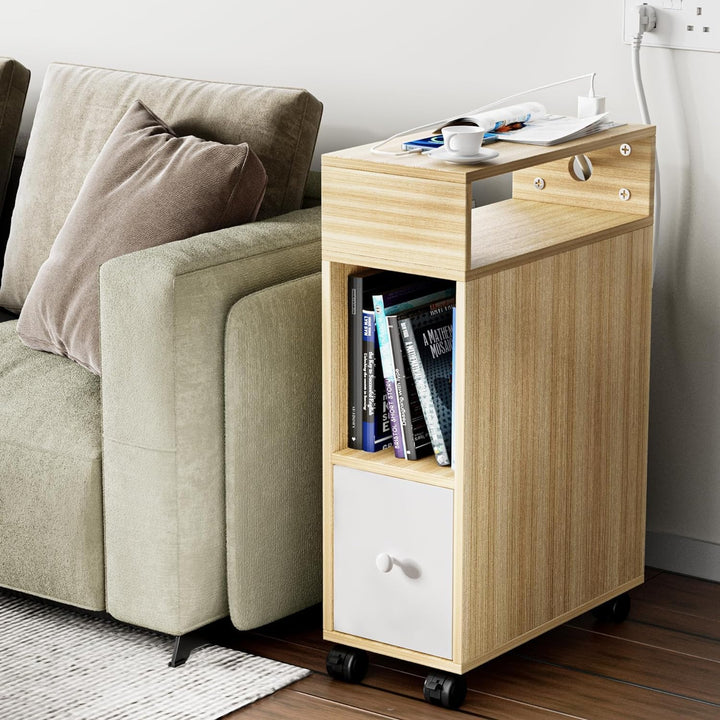 PIPIPOXER Nachttisch Schmal mit Rollen, Kleiner Nachtschrank Eichenfarbe, mit 1 Schubladen und USB-A