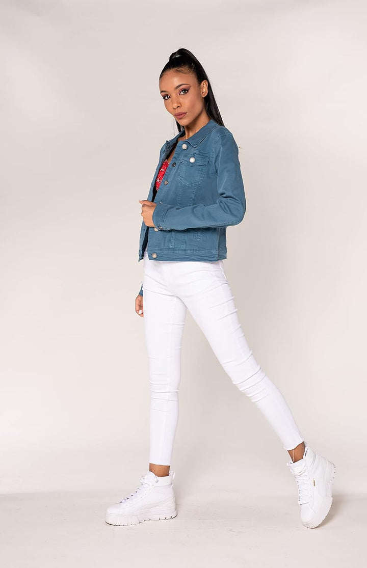 Nina Carter J212 Damen Slim-Fit Jeansjacke – Farbige Übergangsjacke mit Kent-Kragen und Taschen – Fr